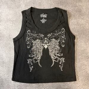 Black Embellished Distressed Angel Crop Tank Top